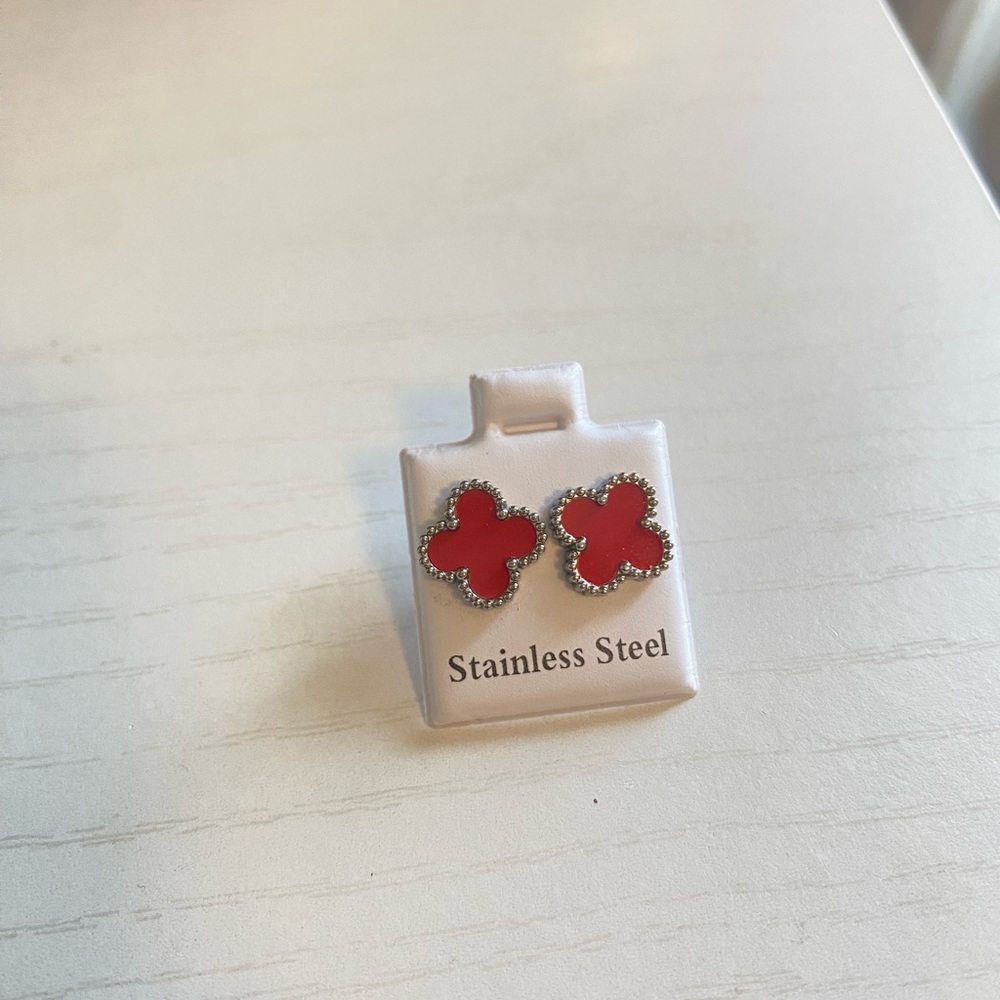 Red Stainless Steel Clover Earrings